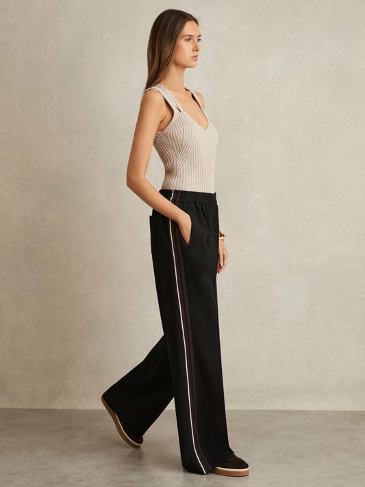 Reiss Popular Choice - Side-Stripe Wide-Leg Trousers in Black