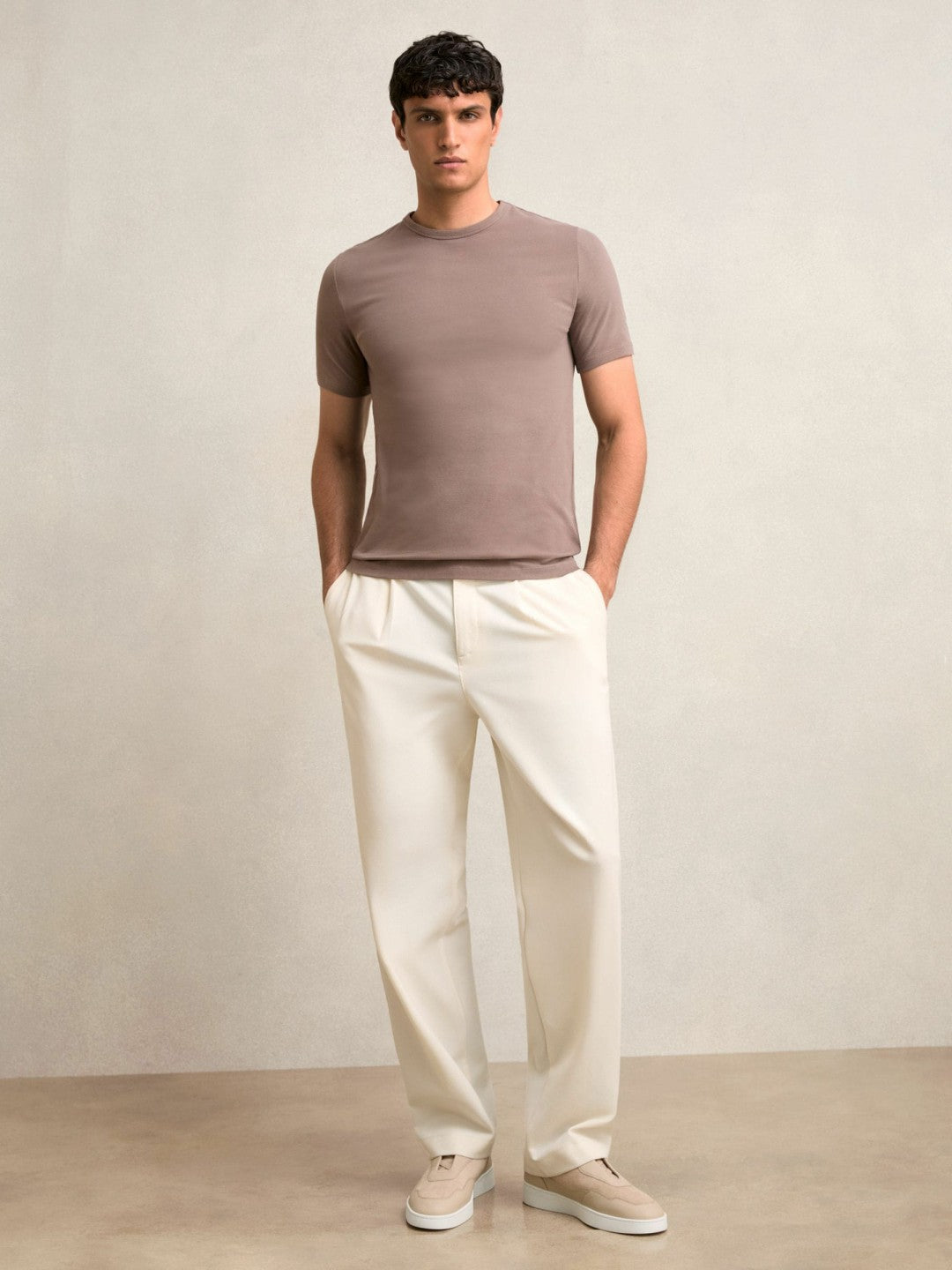 Reiss Best Seller - Stretch-Cotton Crew-Neck T-Shirt in Taupe Brown