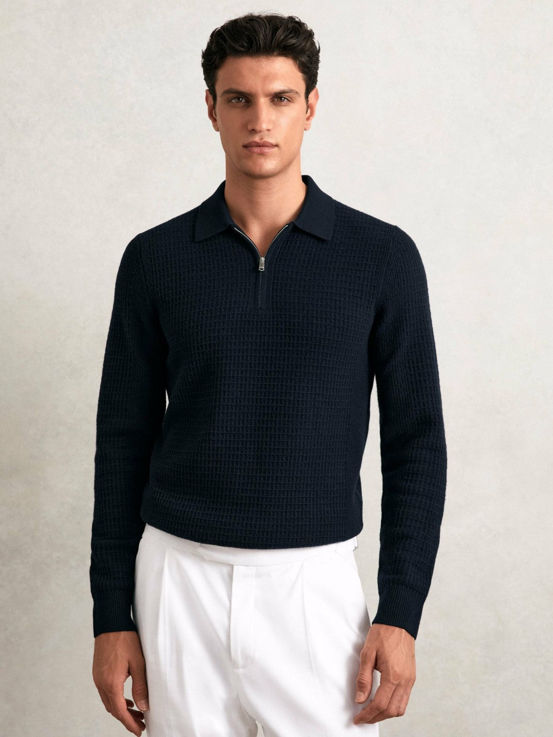 Reiss Best Seller - Wool Waffle-Knit Half-Zip Polo Shirt in Navy
