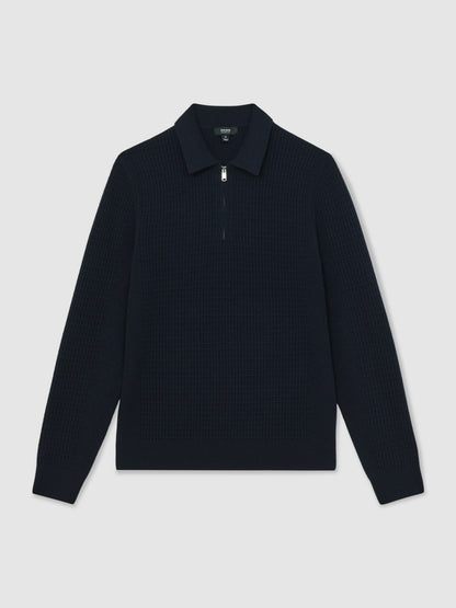 Reiss Best Seller - Wool Waffle-Knit Half-Zip Polo Shirt in Navy