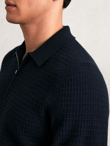 Reiss Best Seller - Wool Waffle-Knit Half-Zip Polo Shirt in Navy