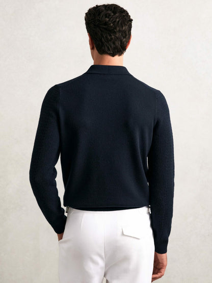 Reiss Best Seller - Wool Waffle-Knit Half-Zip Polo Shirt in Navy