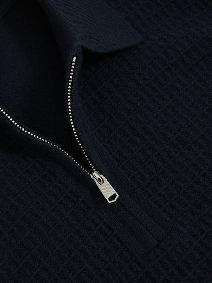 Reiss Best Seller - Wool Waffle-Knit Half-Zip Polo Shirt in Navy