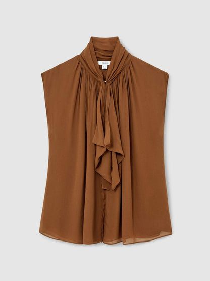 Reiss Best Seller - Crepe-Chiffon Ruffle Sleeveless Top in Tan Brown