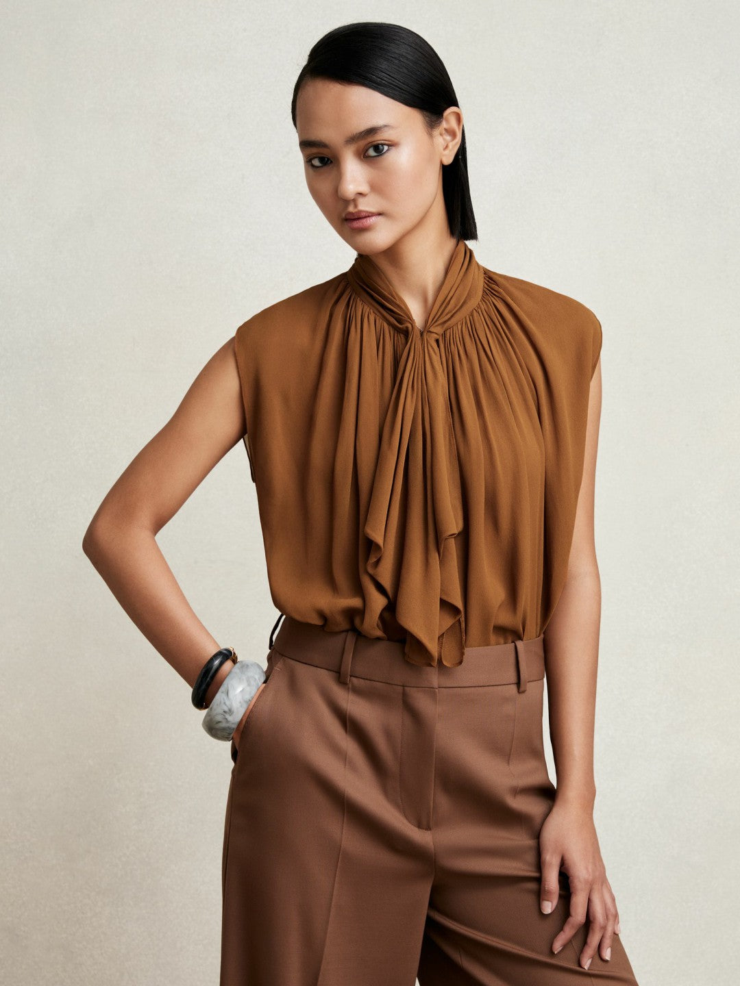 Reiss Best Seller - Crepe-Chiffon Ruffle Sleeveless Top in Tan Brown