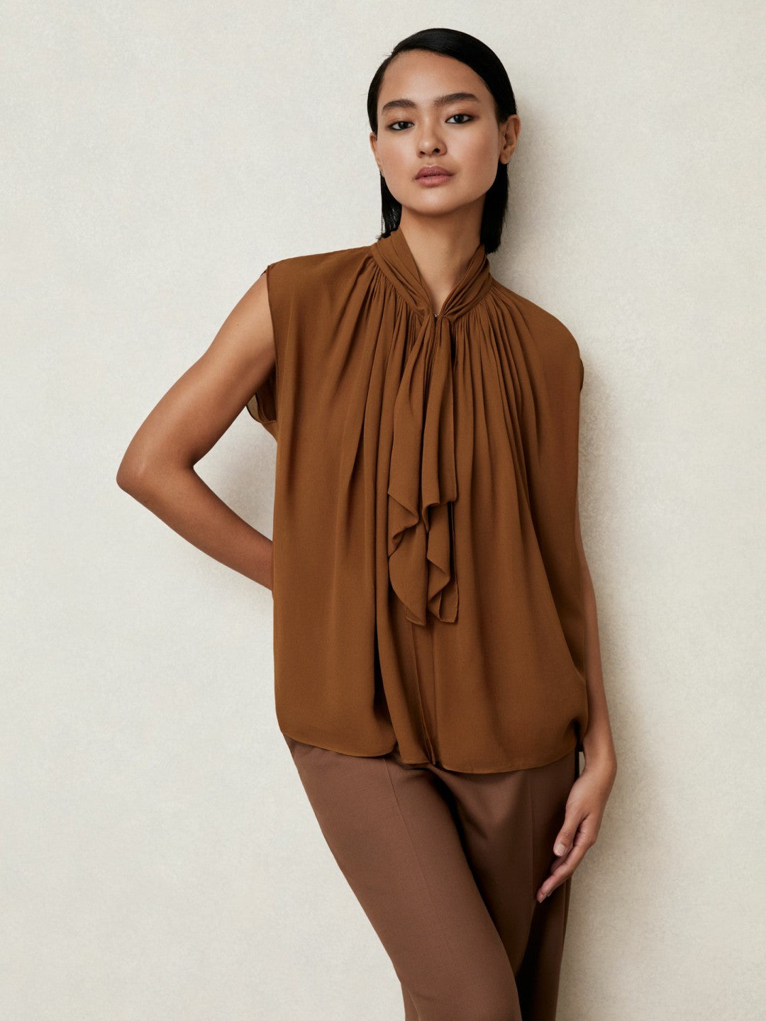 Reiss Best Seller - Crepe-Chiffon Ruffle Sleeveless Top in Tan Brown
