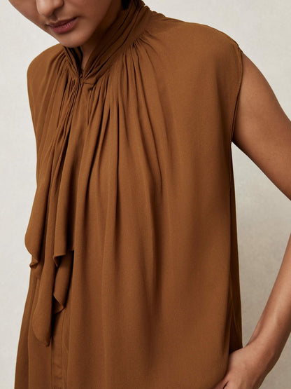 Reiss Best Seller - Crepe-Chiffon Ruffle Sleeveless Top in Tan Brown