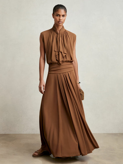 Reiss Jersey Ruched-Waist Maxi Skirt in Tan Brown