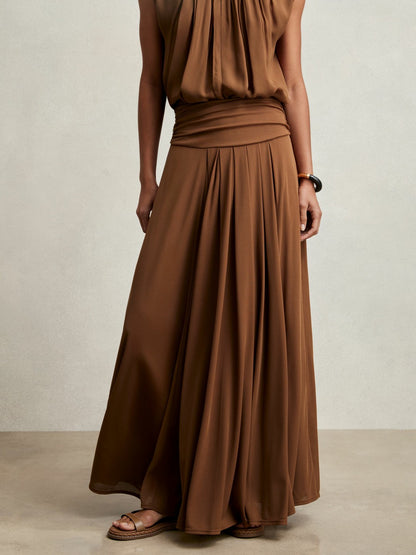 Reiss Jersey Ruched-Waist Maxi Skirt in Tan Brown