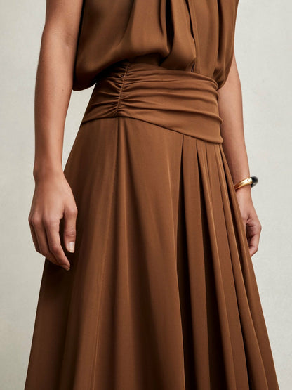 Reiss Jersey Ruched-Waist Maxi Skirt in Tan Brown