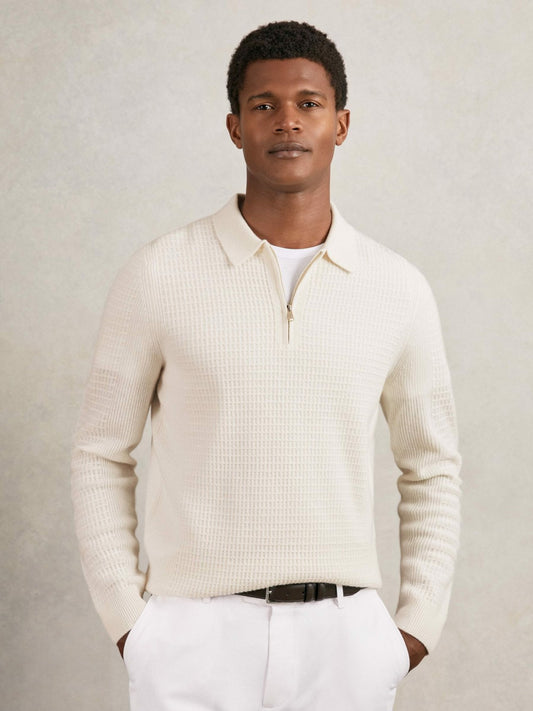 Reiss Deal - Wool Waffle-Knit Half-Zip Polo Shirt in Off White