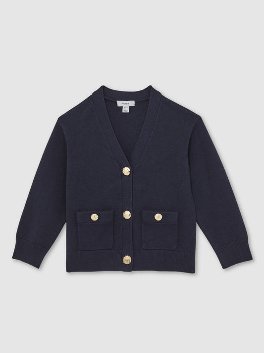 Reiss Offer - 13-14 yrs Knitted Embossed-Button Cardigan in Navy