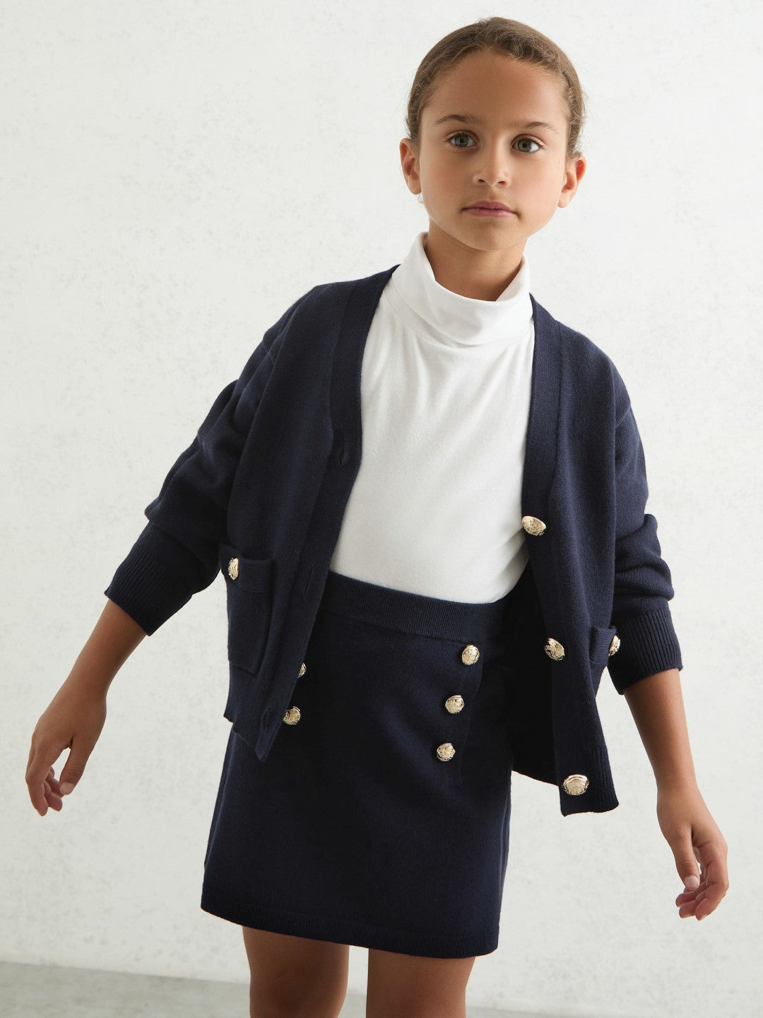 Reiss 3-9 yrs Knitted Button-Detail A-Line Skirt in Navy