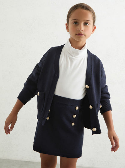Reiss 3-9 yrs Knitted Button-Detail A-Line Skirt in Navy