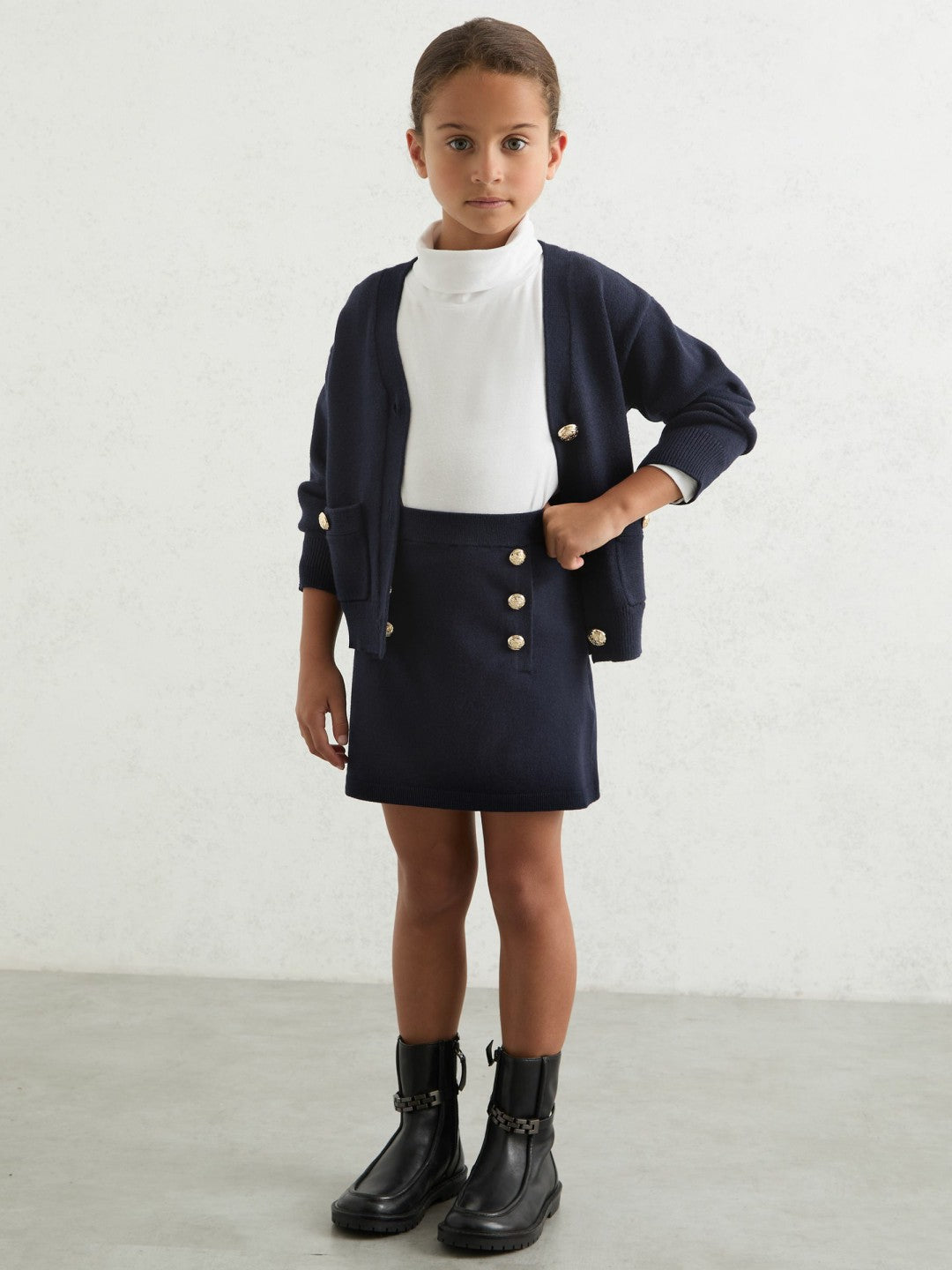 Reiss 3-9 yrs Knitted Button-Detail A-Line Skirt in Navy