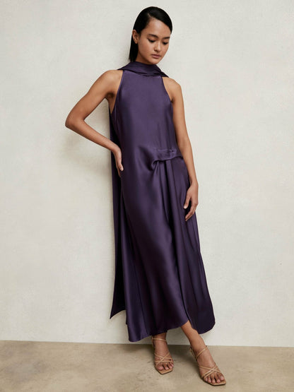 Reiss Petite Satin Tuck-Detail Cape Midi Dress in Purple
