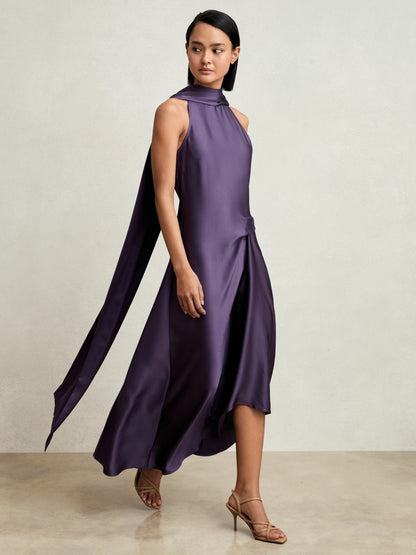 Reiss Petite Satin Tuck-Detail Cape Midi Dress in Purple