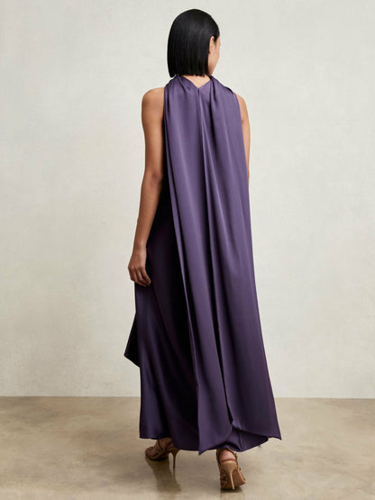 Reiss Petite Satin Tuck-Detail Cape Midi Dress in Purple