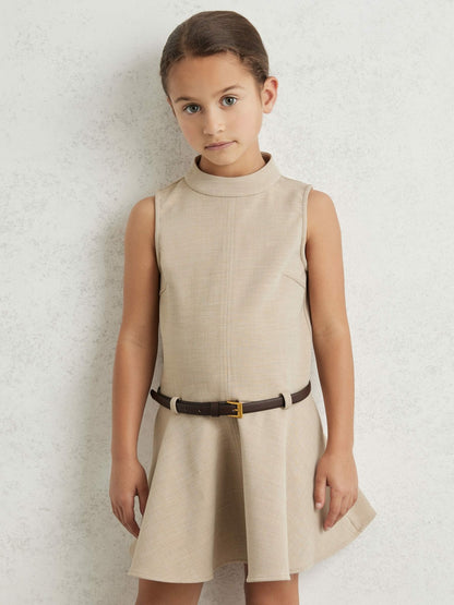 Reiss 3-9 yrs Drop Waist Belted Sleeveless Dress in Neutral