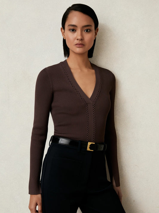 Reiss Featured - Craft-Stitch Rib-Knit Top in Mocha Brown