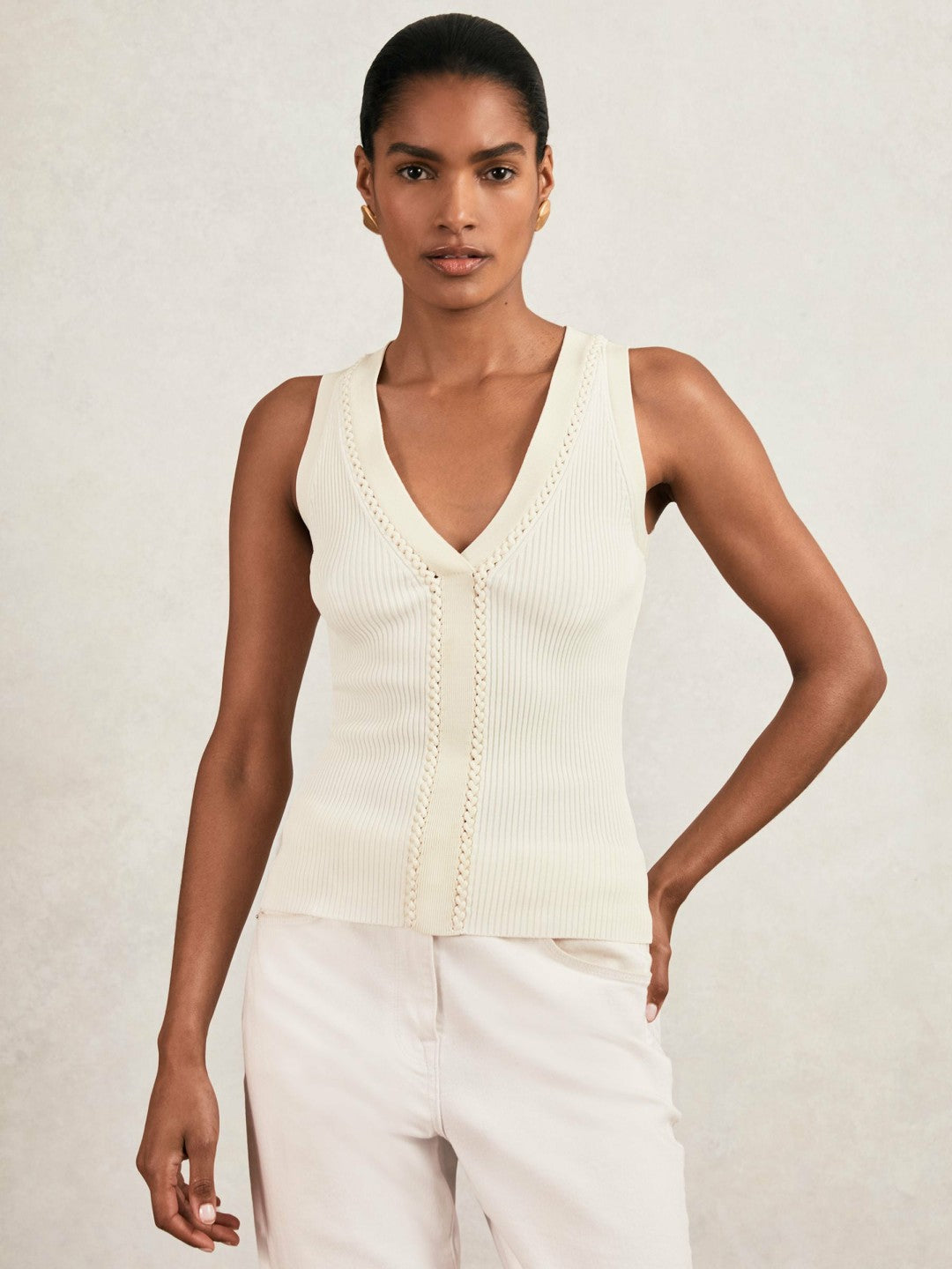 Reiss Craft-Stitch Rib-Knit Vest in Ivory/Ecru