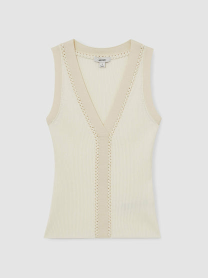 Reiss Craft-Stitch Rib-Knit Vest in Ivory/Ecru