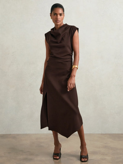 Reiss Twill-Jersey Draped Midi Dress in Burgundy