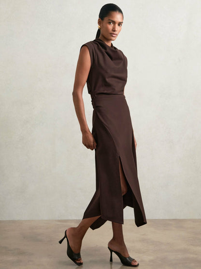 Reiss Twill-Jersey Draped Midi Dress in Burgundy