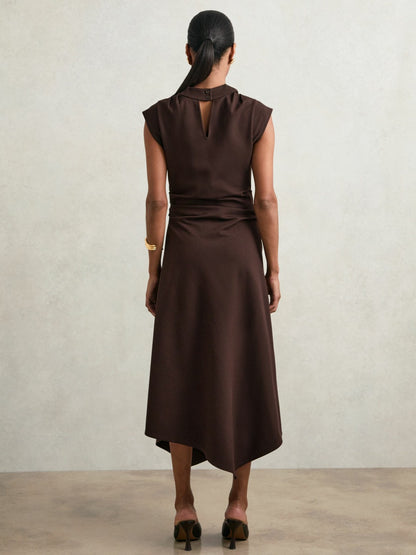 Reiss Twill-Jersey Draped Midi Dress in Burgundy