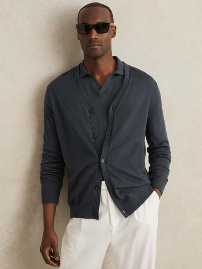 Reiss Popular Choice - Merino Wool Button-Through Cardigan in Midnight Navy
