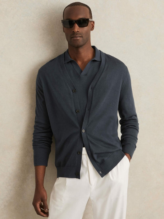 Reiss Popular Choice - Merino Wool Button-Through Cardigan in Midnight Navy