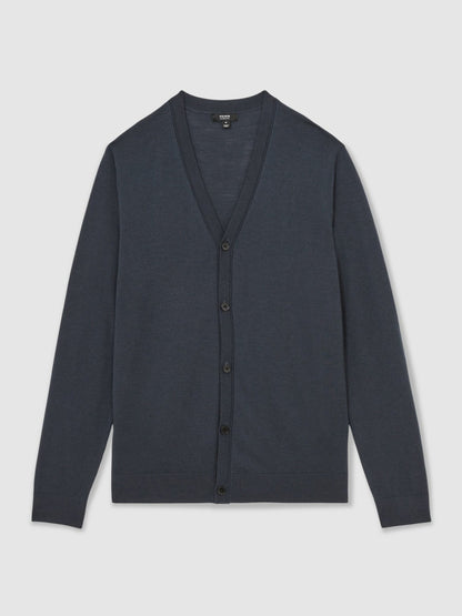 Reiss Popular Choice - Merino Wool Button-Through Cardigan in Midnight Navy