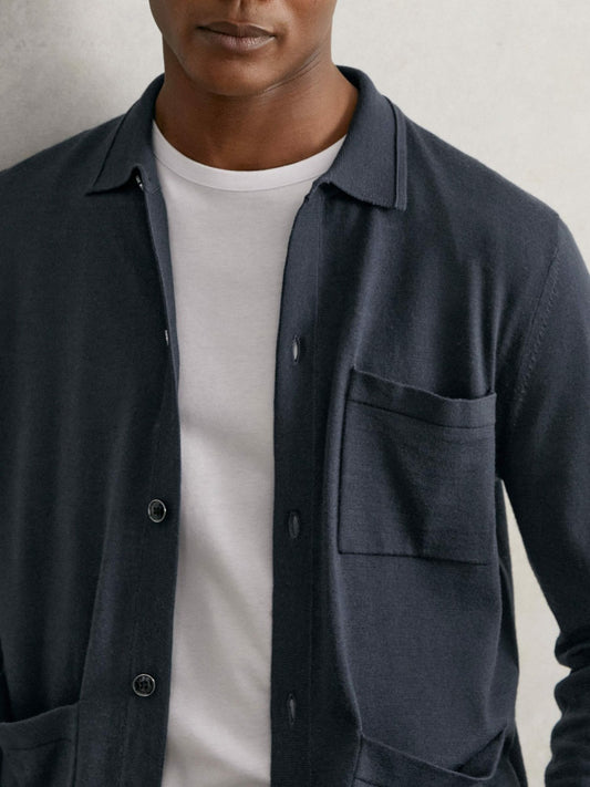 Reiss Deal - Merino Wool Button-Through Shirt in Midnight Navy