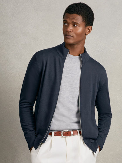 Reiss Popular Choice - Merino Wool Zip Through Cardigan in Midnight Navy