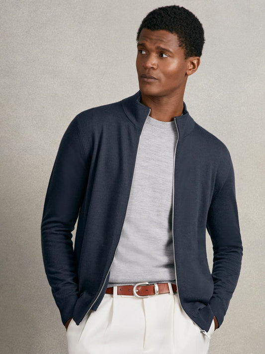 Reiss Popular Choice - Merino Wool Zip Through Cardigan in Midnight Navy