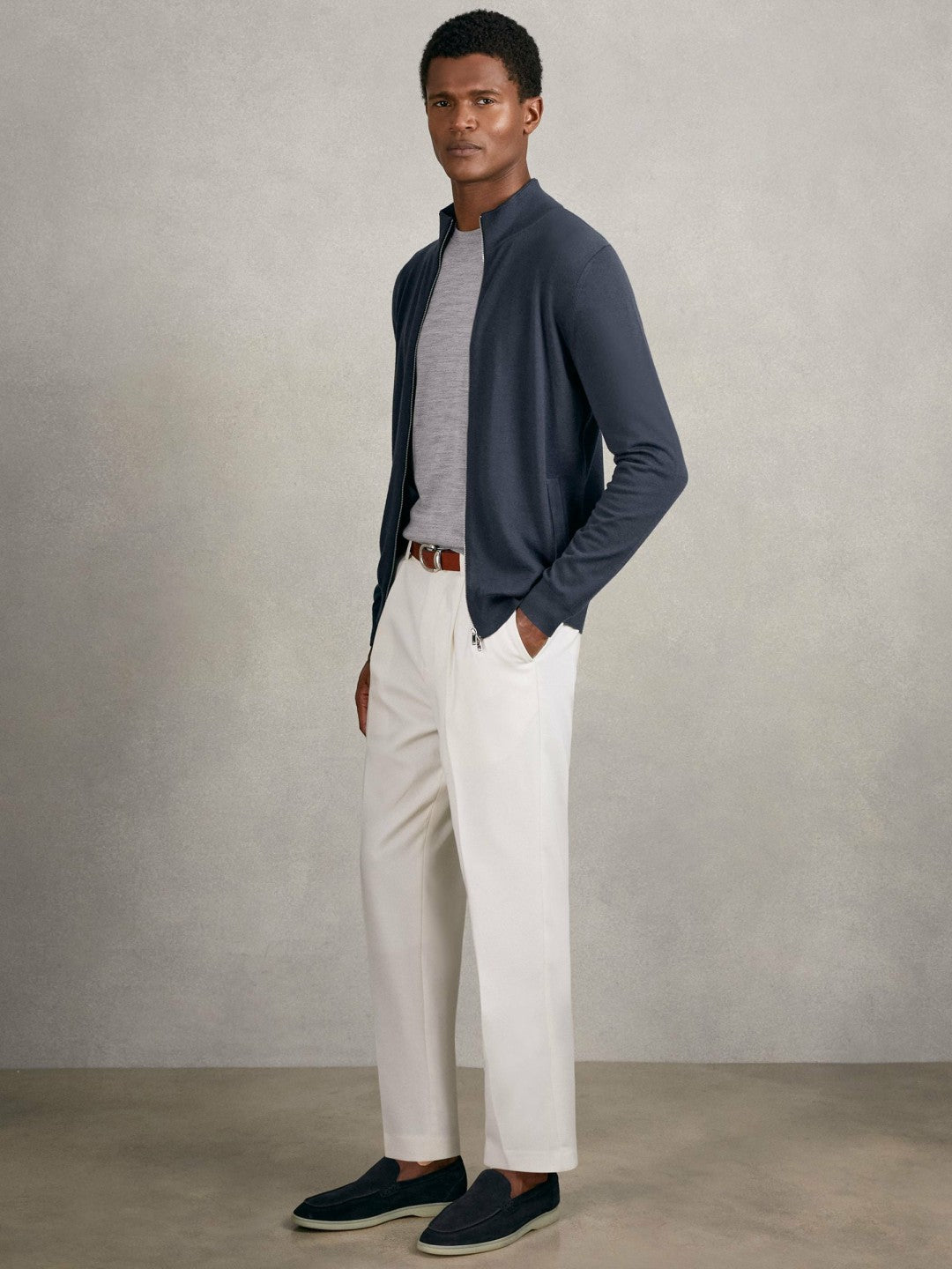Reiss Popular Choice - Merino Wool Zip Through Cardigan in Midnight Navy
