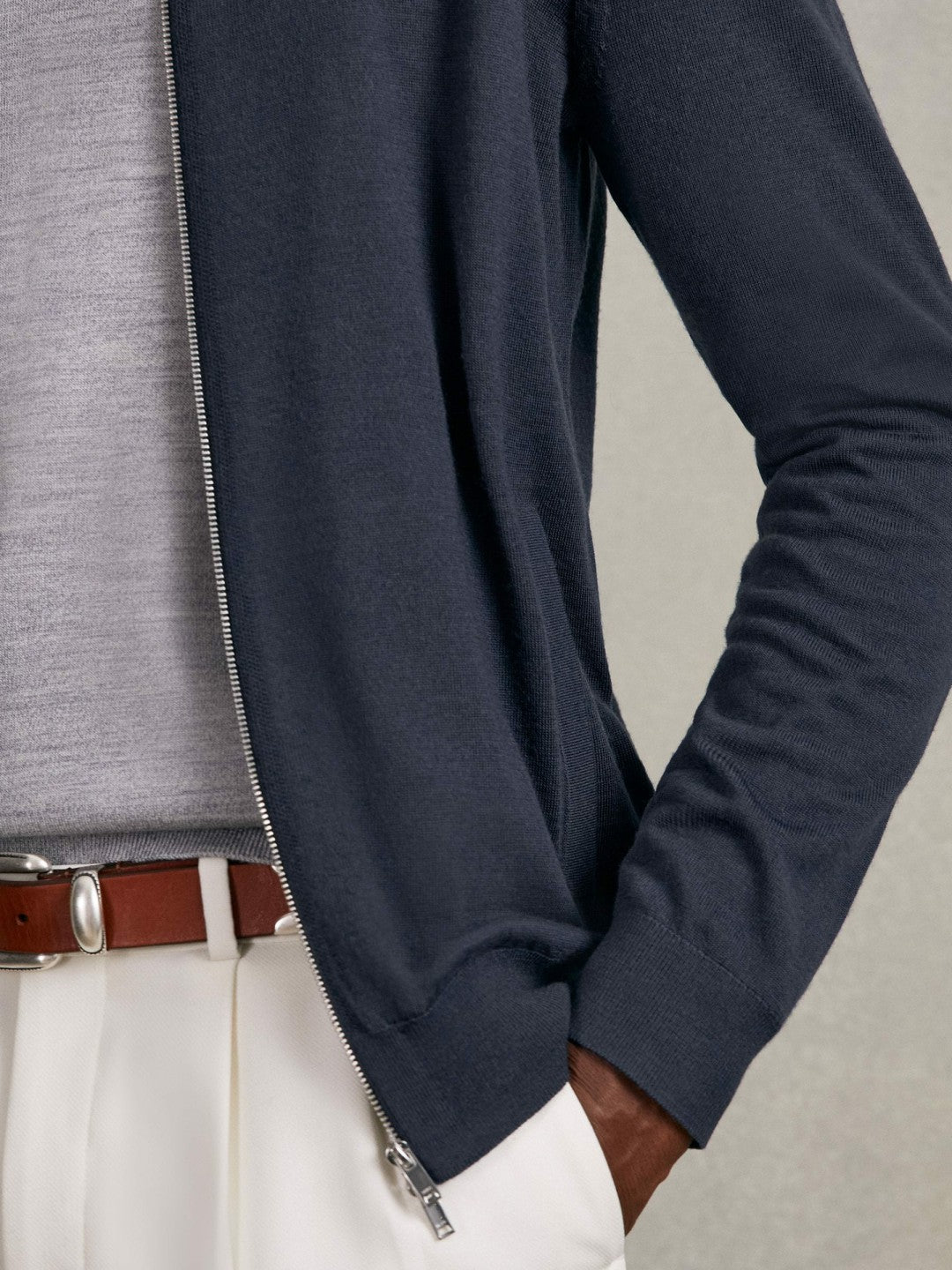 Reiss Popular Choice - Merino Wool Zip Through Cardigan in Midnight Navy