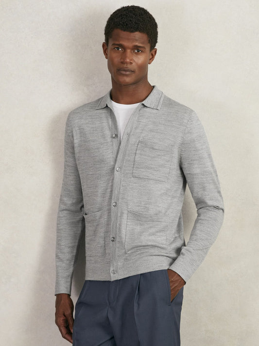 Reiss Featured - Merino Wool Button-Through Shirt in Soft Grey Mouline