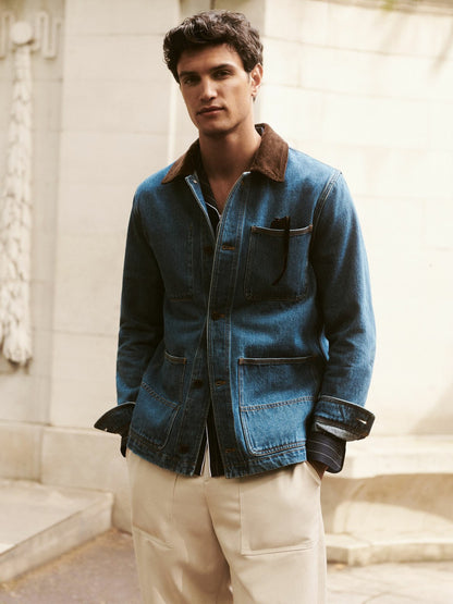 Reiss Corduroy Collar Denim Worker Jacket in Denim Blue