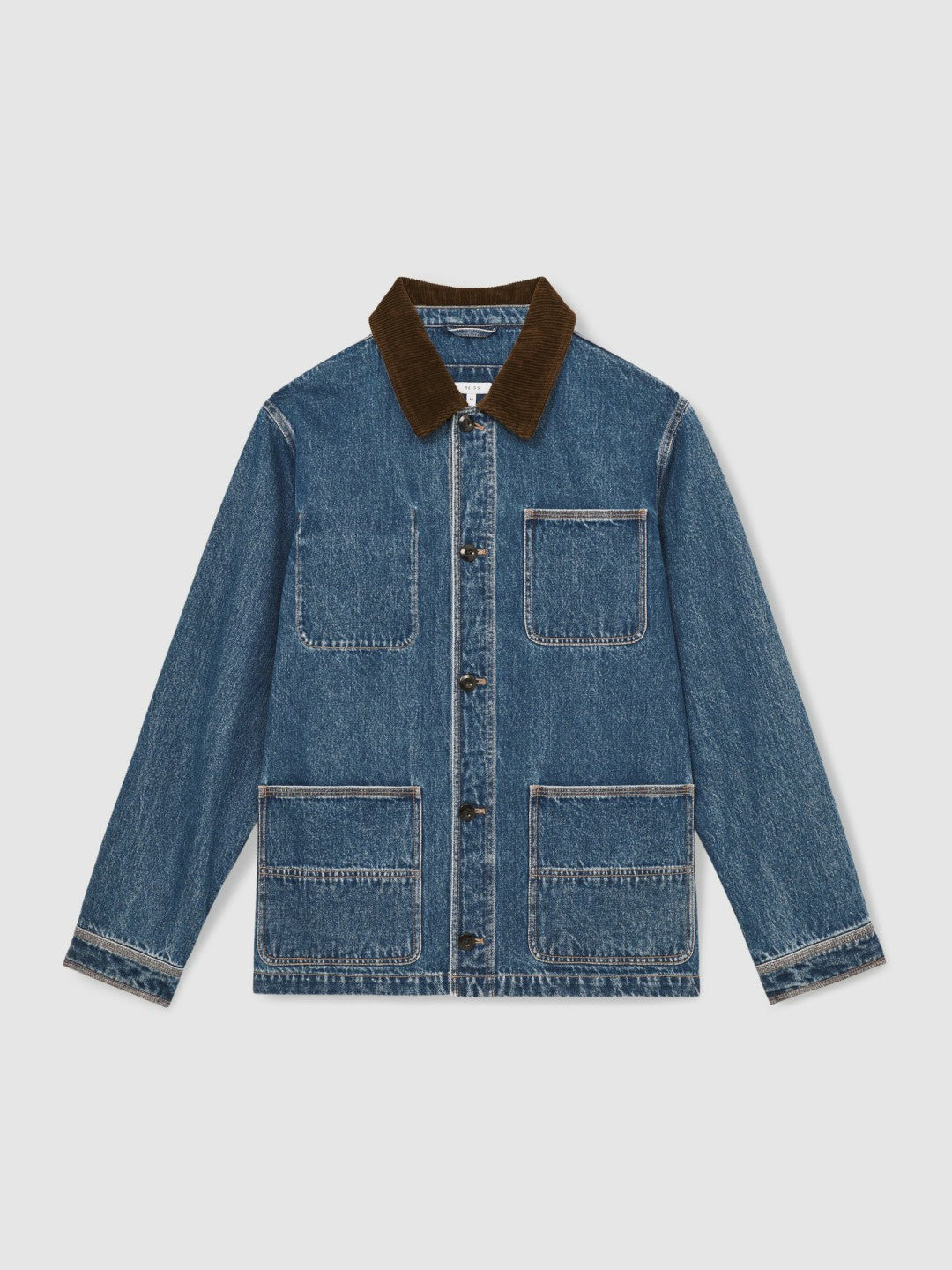 Reiss Corduroy Collar Denim Worker Jacket in Denim Blue