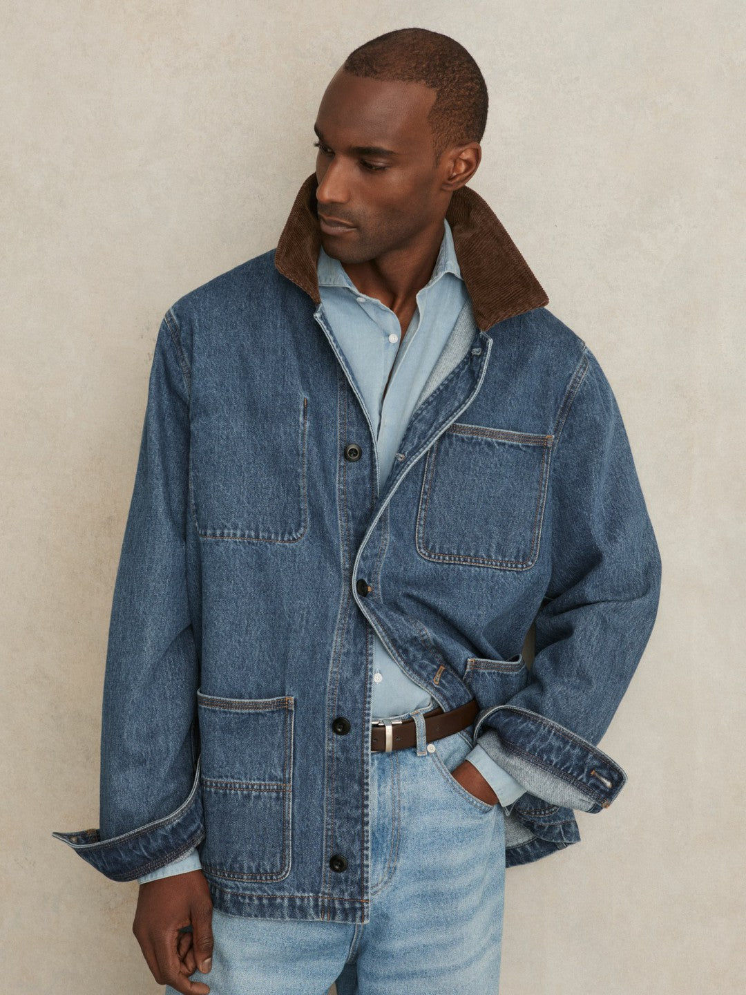 Reiss Corduroy Collar Denim Worker Jacket in Denim Blue