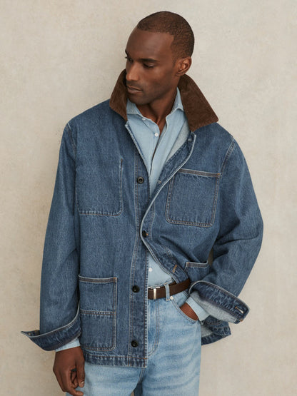 Reiss Corduroy Collar Denim Worker Jacket in Denim Blue