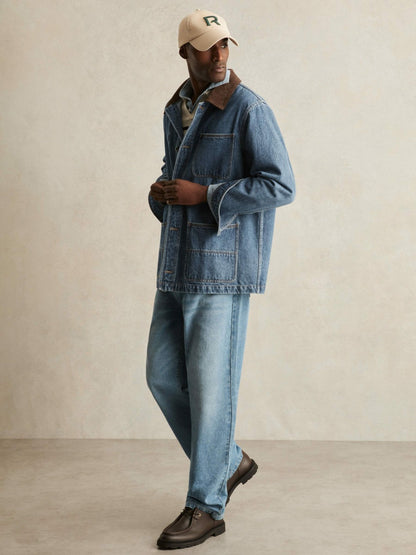 Reiss Corduroy Collar Denim Worker Jacket in Denim Blue