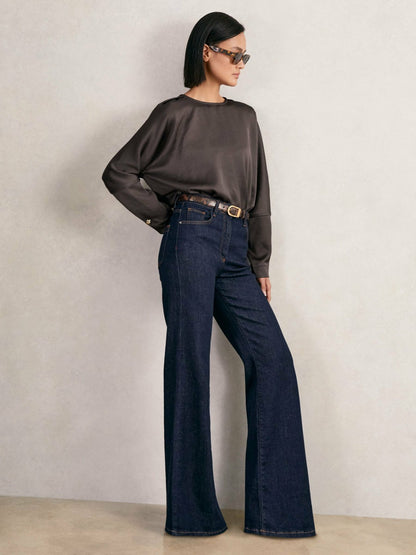 Reiss Best Seller - Satin Button-Back Long-Sleeve Top in Mauve