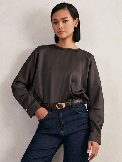 Reiss Best Seller - Satin Button-Back Long-Sleeve Top in Mauve