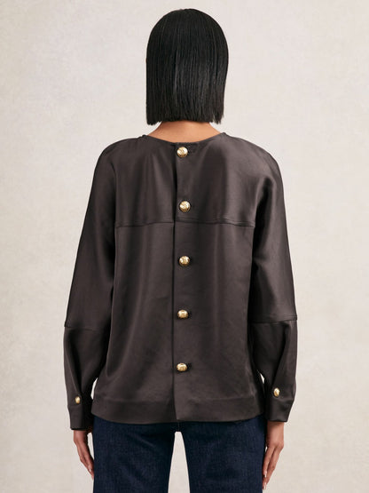 Reiss Best Seller - Satin Button-Back Long-Sleeve Top in Mauve