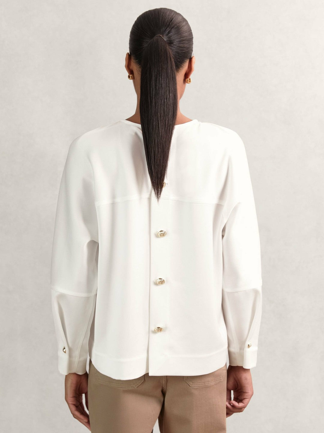 Reiss Value - Satin Button-Back Long-Sleeve Top in Ivory