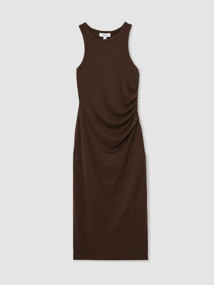Reiss Jersey Ruched Racer Midi Dress in Chocolate Brown