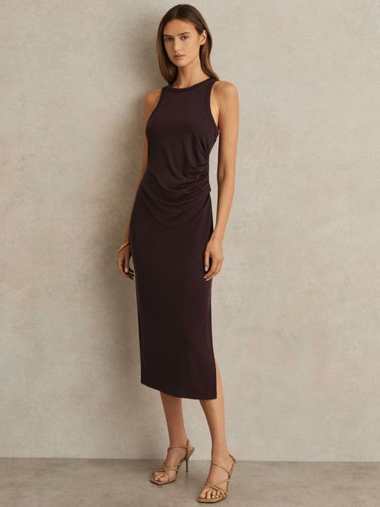 Reiss Jersey Ruched Racer Midi Dress in Burgundy