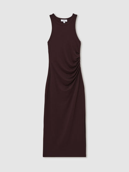 Reiss Jersey Ruched Racer Midi Dress in Burgundy